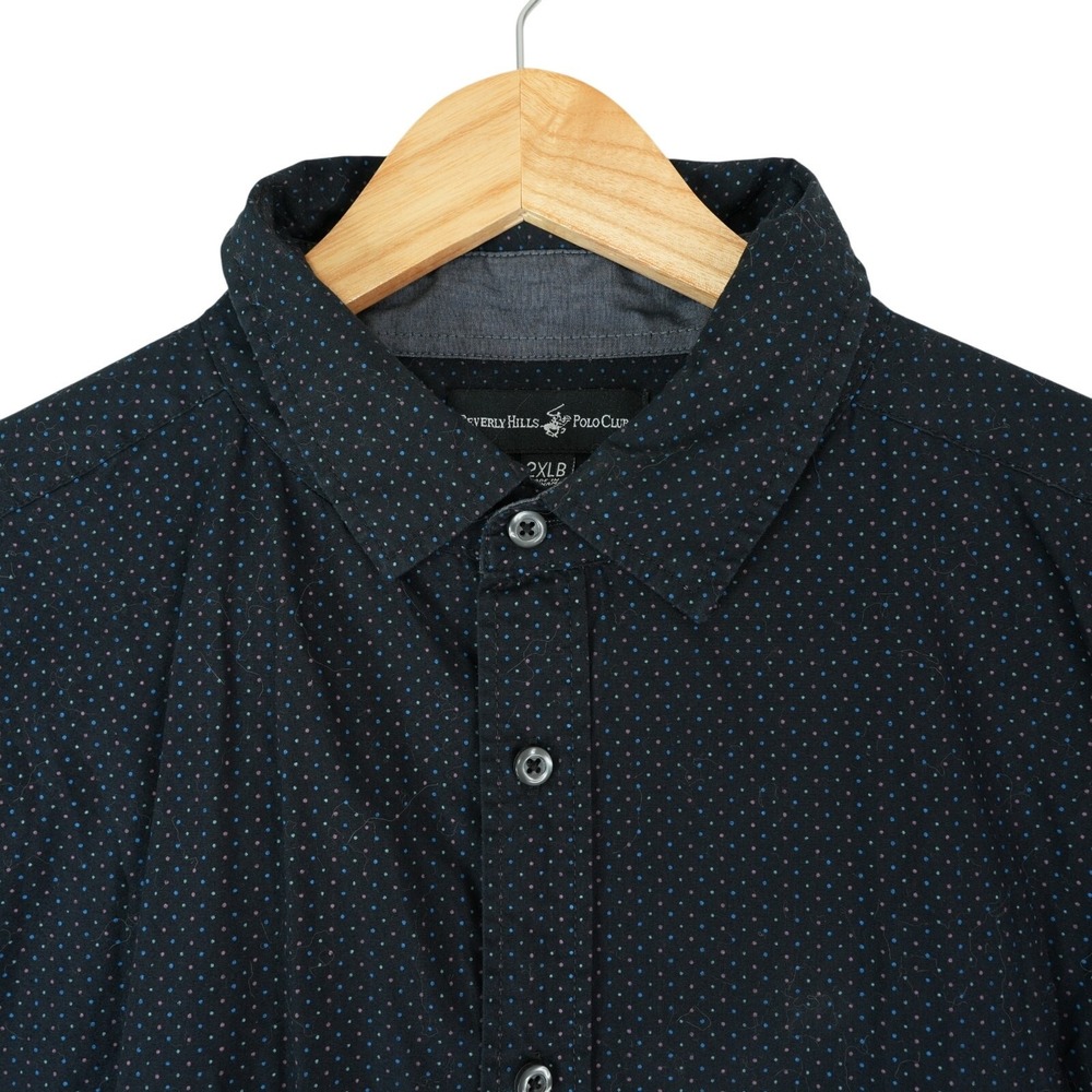 Beverly Hills Polo Club Shirt Mens 2XLB Blue Polka Dot Button Front Short Sleeve